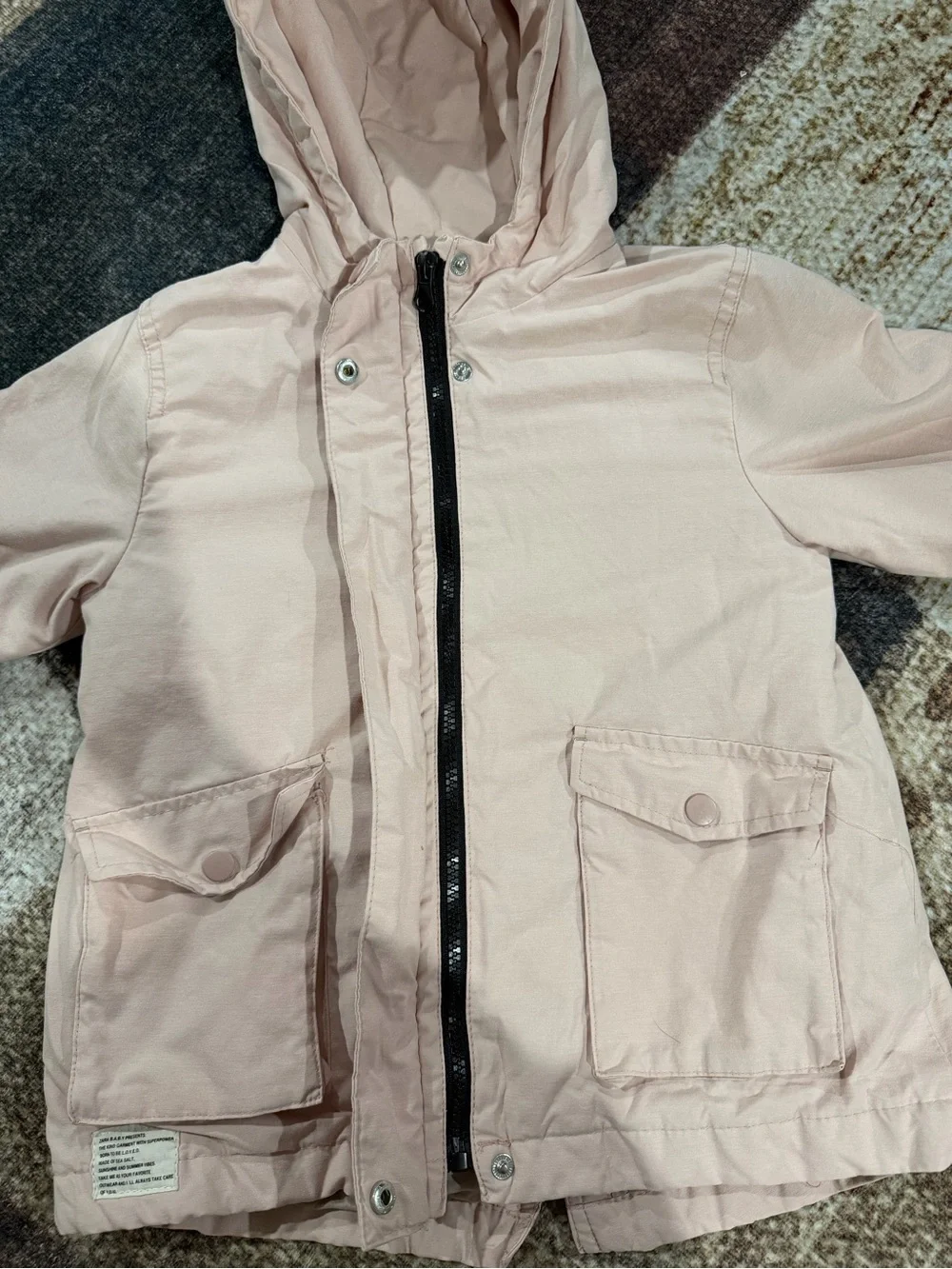 Zara Light Cream Hooded Puffer Jacket with Snoopy Back Graphic